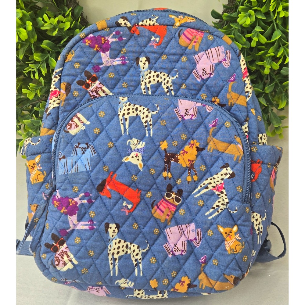 Vera Bradley Quilted Small Backpack Dog Park Print Blue Multi Pocket Cotton Bag